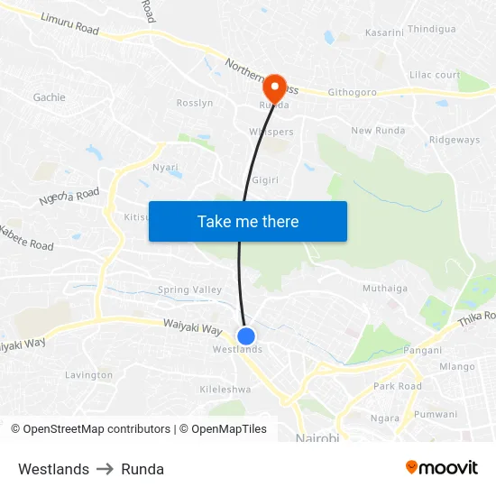 Westlands to Runda map