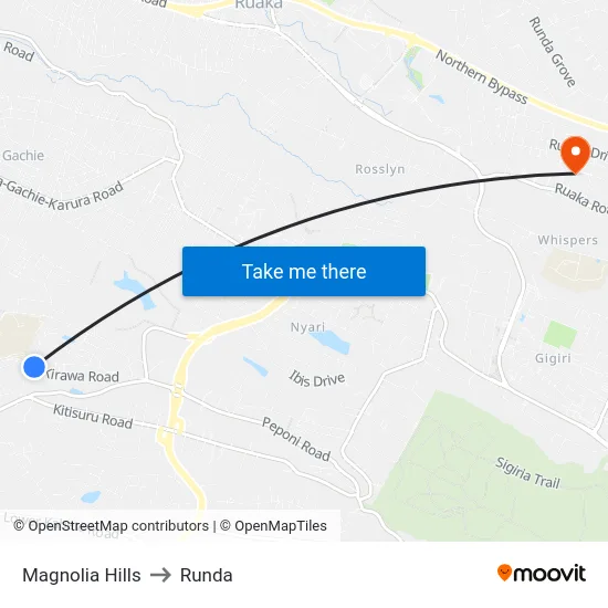 Magnolia Hills to Runda map