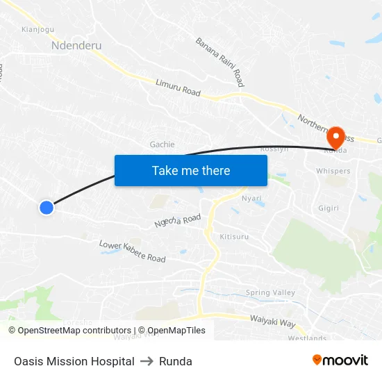 Oasis Mission Hospital to Runda map