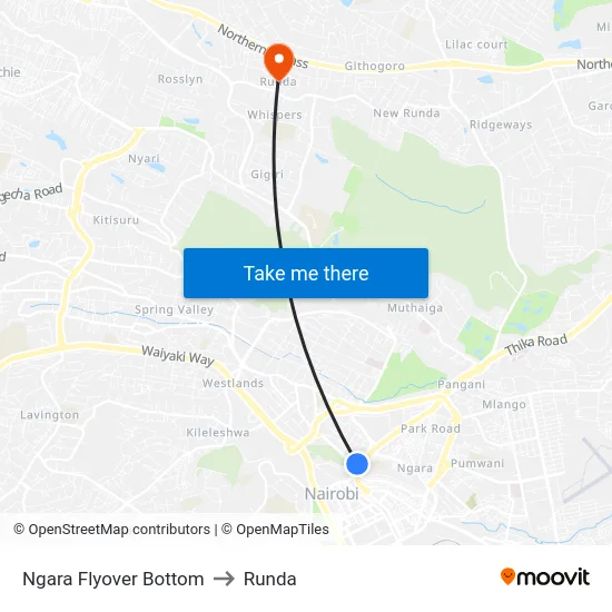 Ngara Flyover Bottom to Runda map