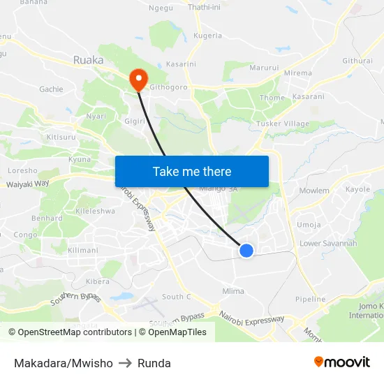 Makadara/Mwisho to Runda map