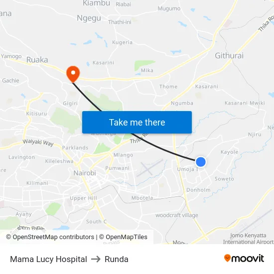 Mama Lucy Hospital to Runda map