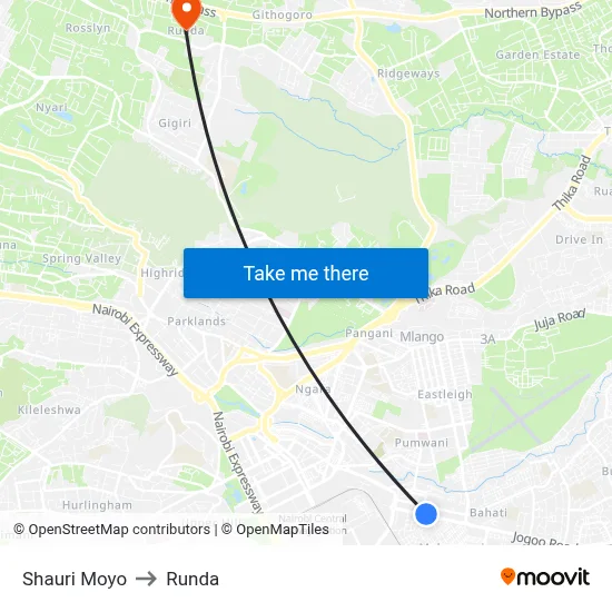 Shauri Moyo to Runda map