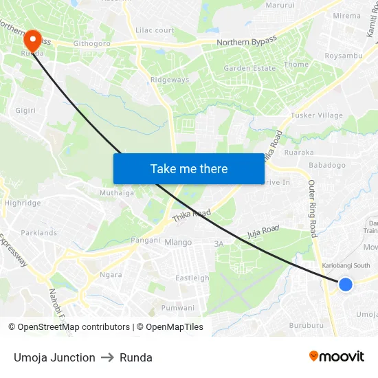 Umoja Junction to Runda map