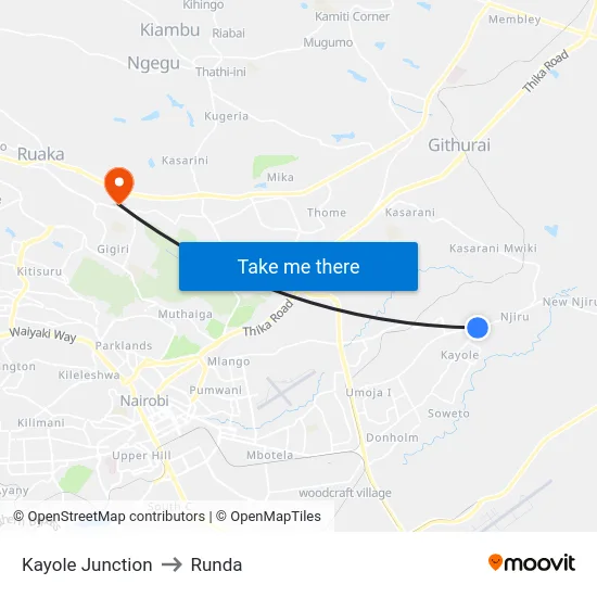 Kayole Junction to Runda map