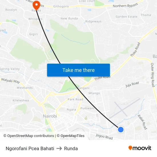 Ngorofani Pcea Bahati to Runda map