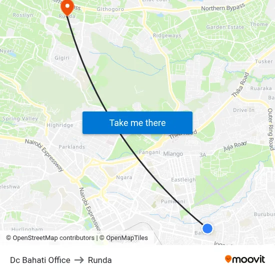 Dc Bahati Office to Runda map
