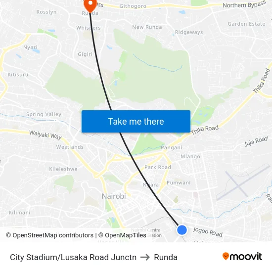 City Stadium/Lusaka Road Junctn to Runda map