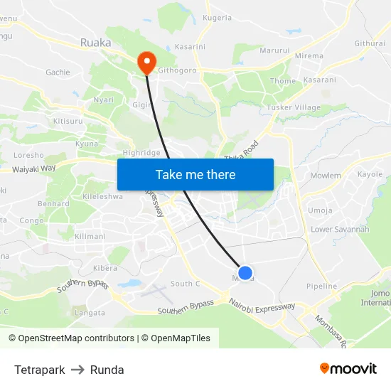 Tetrapark to Runda map