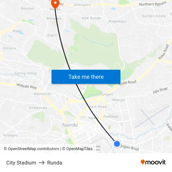 City Stadium to Runda map