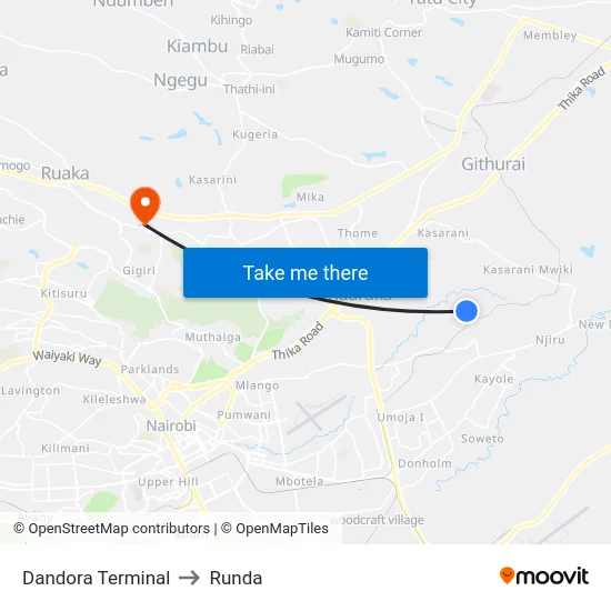 Dandora Terminal to Runda map
