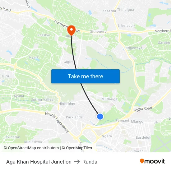 Aga Khan Hospital Junction to Runda map
