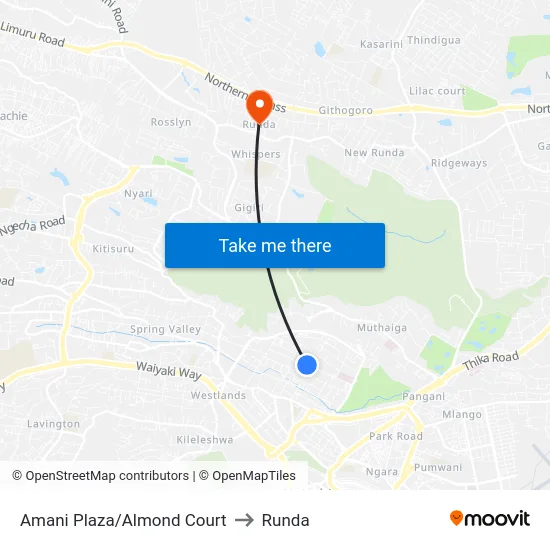 Amani Plaza/Almond Court to Runda map