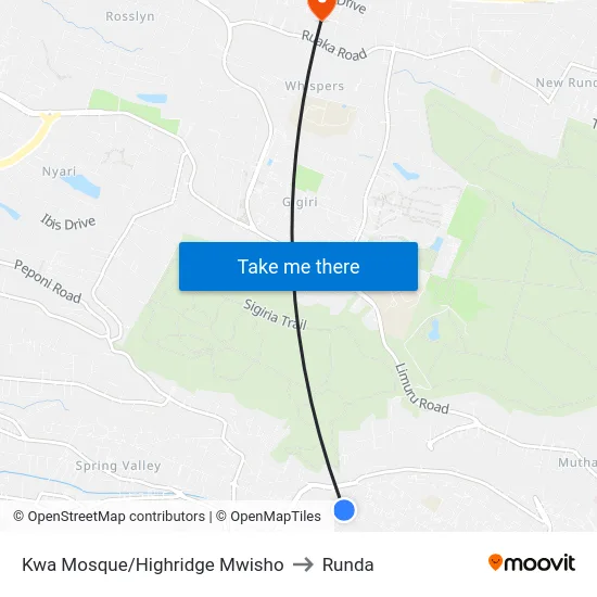 Kwa Mosque/Highridge Mwisho to Runda map
