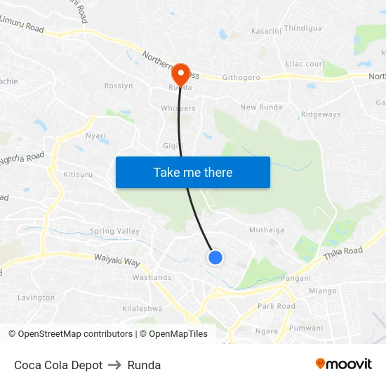 Coca Cola Depot to Runda map