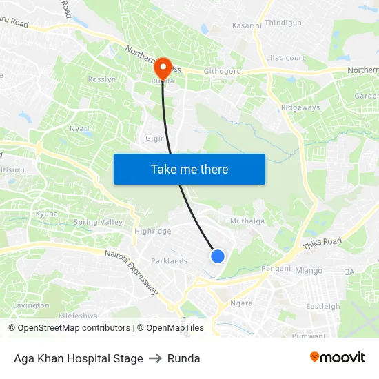 Aga Khan Hospital Stage to Runda map