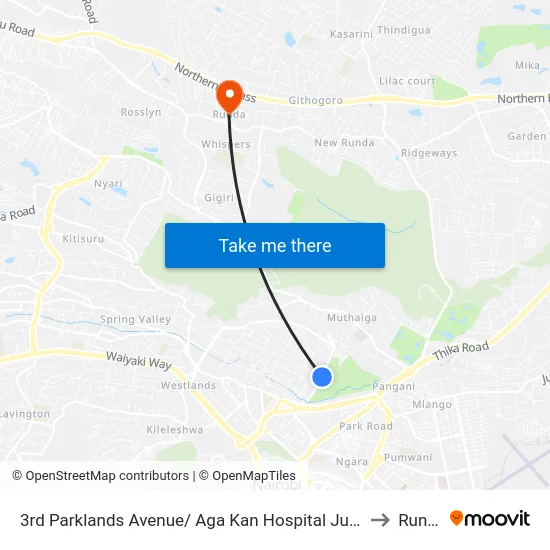 3rd Parklands Avenue/ Aga Kan Hospital Junction to Runda map