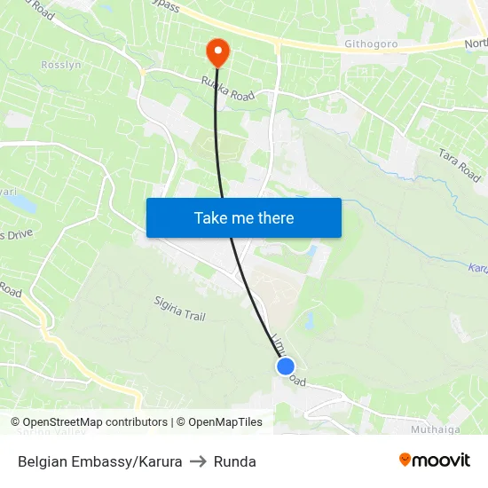 Belgian Embassy/Karura to Runda map