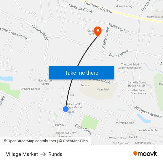 Village Market to Runda map