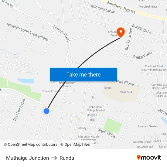 Muthaiga Junction to Runda map