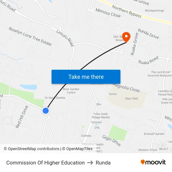 Commission Of Higher Education to Runda map