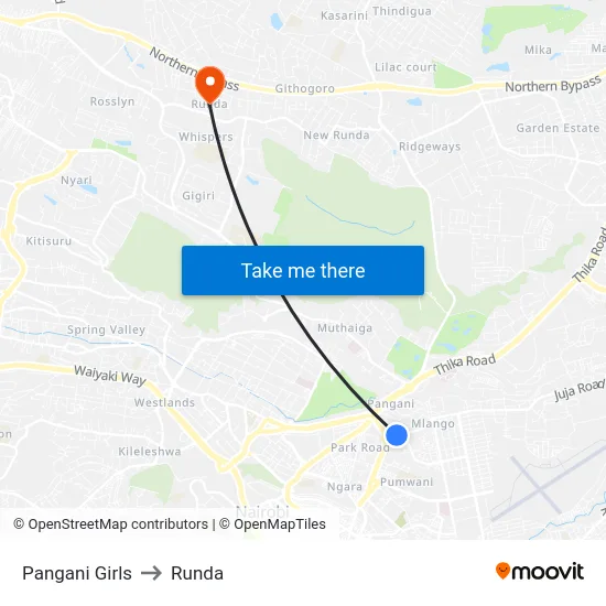 Pangani Girls to Runda map