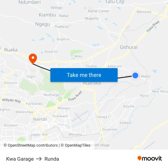 Kwa Garage to Runda map