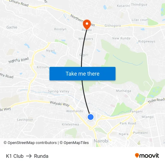 K1 Club to Runda map