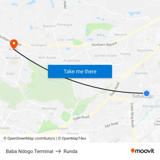 Baba Ndogo Terminal to Runda map
