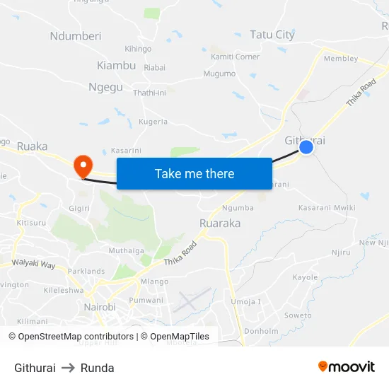 Githurai to Runda map