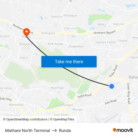 Mathare North Terminal to Runda map