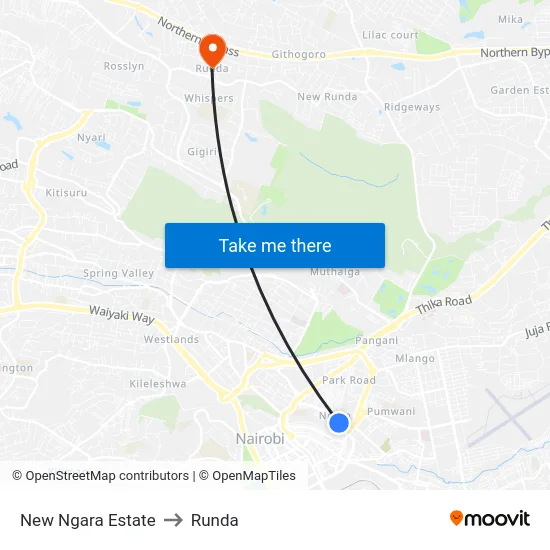New Ngara Estate to Runda map