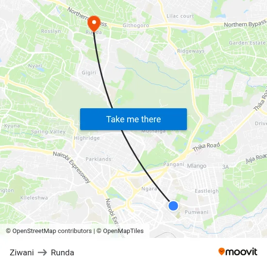 Ziwani to Runda map