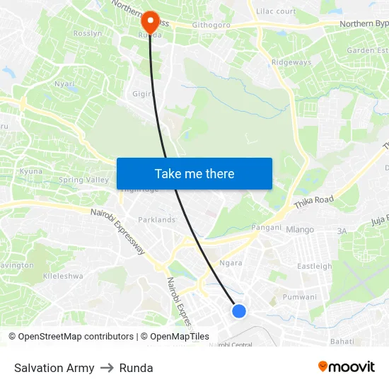 Salvation Army to Runda map