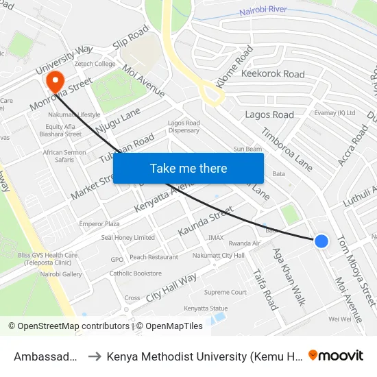 Ambassadeur to Kenya Methodist University (Kemu Hub) map
