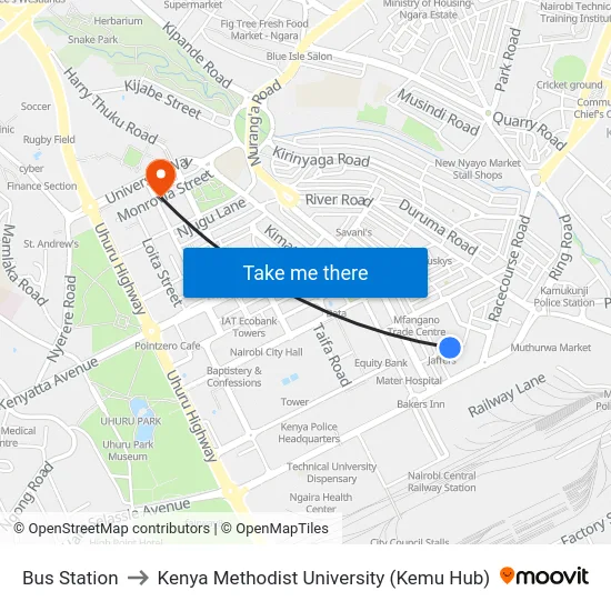 Bus Station to Kenya Methodist University (Kemu Hub) map