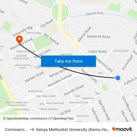 Commercial to Kenya Methodist University (Kemu Hub) map