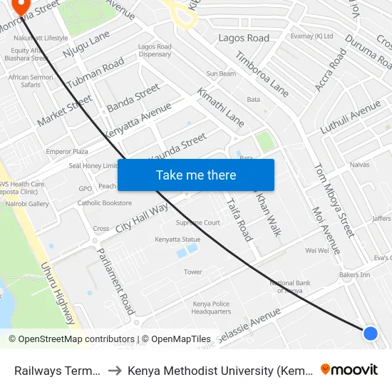 Railways Terminus to Kenya Methodist University (Kemu Hub) map
