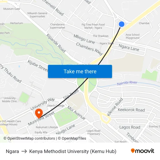 Ngara to Kenya Methodist University (Kemu Hub) map