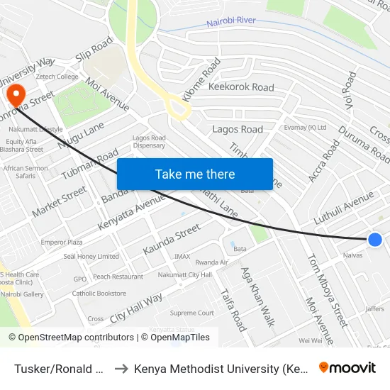 Tusker/Ronald Ngala to Kenya Methodist University (Kemu Hub) map