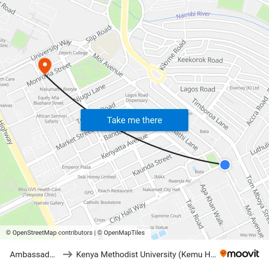 Ambassadeur to Kenya Methodist University (Kemu Hub) map