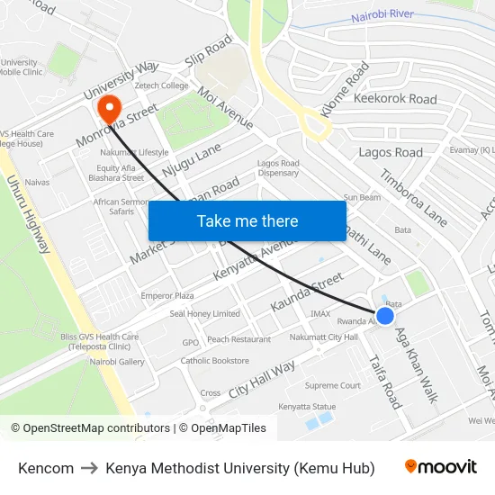 Kencom to Kenya Methodist University (Kemu Hub) map
