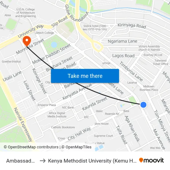 Ambassadeur to Kenya Methodist University (Kemu Hub) map