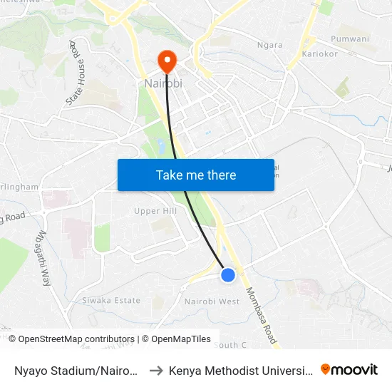 Nyayo Stadium/Nairobi West Stage to Kenya Methodist University (Kemu Hub) map