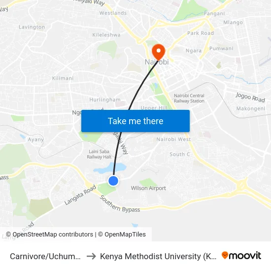 Carnivore/Uchumi Hyper to Kenya Methodist University (Kemu Hub) map