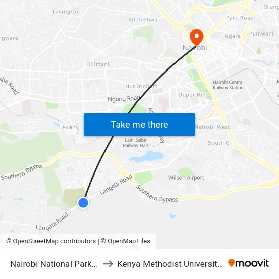 Nairobi National Park/Orphanage to Kenya Methodist University (Kemu Hub) map