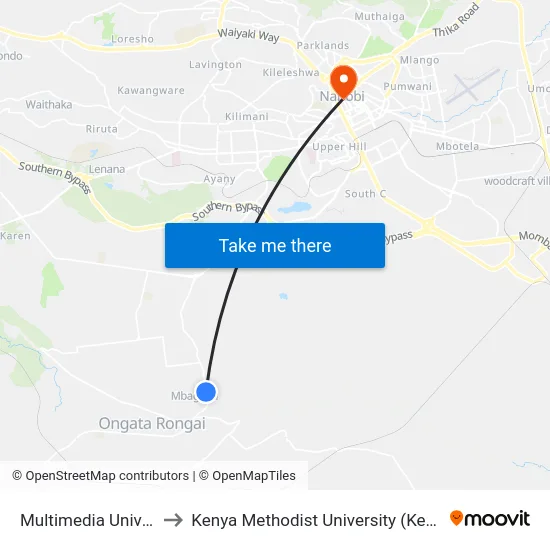Multimedia University to Kenya Methodist University (Kemu Hub) map