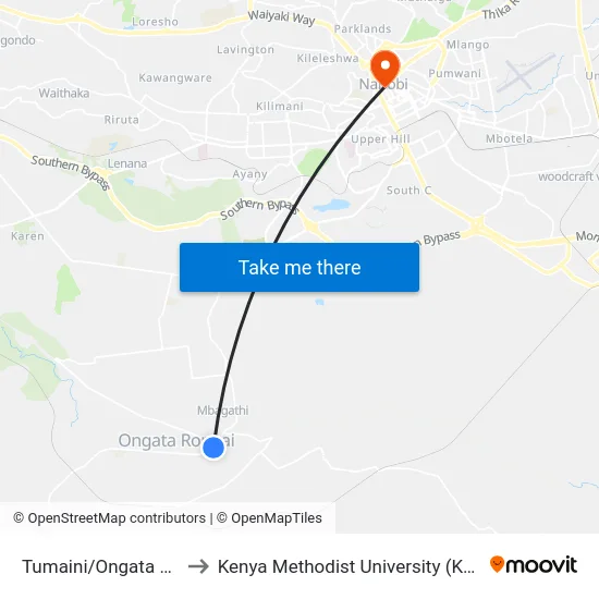 Tumaini/Ongata Rongai to Kenya Methodist University (Kemu Hub) map
