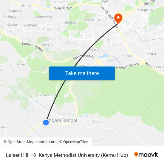 Laiser Hill to Kenya Methodist University (Kemu Hub) map