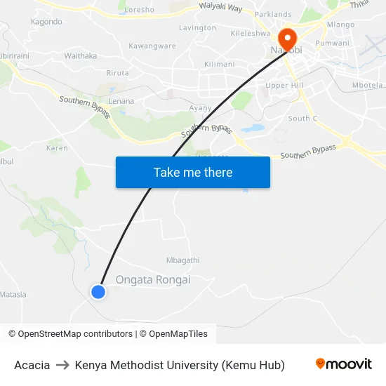 Acacia to Kenya Methodist University (Kemu Hub) map